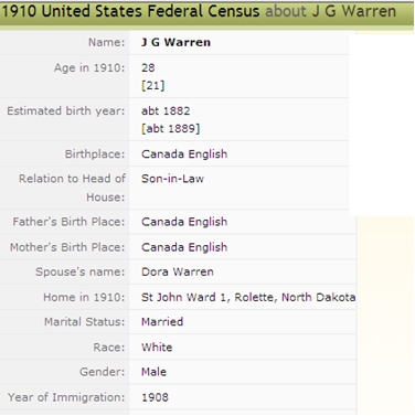 Image  of 1910 US Census Documenting Dr John G Warren in  Brooks Household in St. John ND